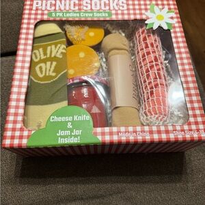 Picnic Socks 5-Pack Ladies Crew Socks - Olive, Yellow, Red - S